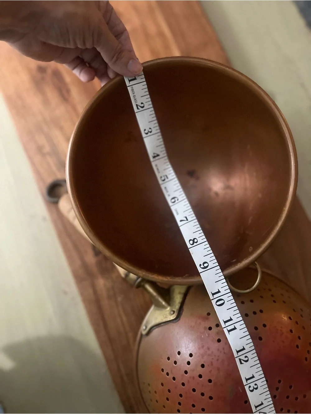 Vintage Copper-Tone Skimmer and Mixing Bowl Set with Wooden Handle